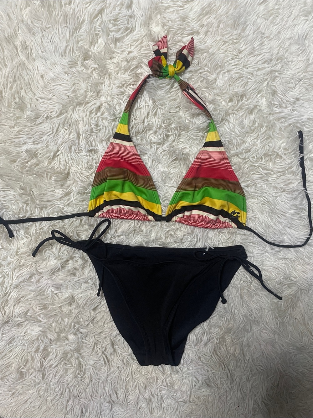 Striped Multicolor Triangle Bikini Top with Black Tie-Side Bottom